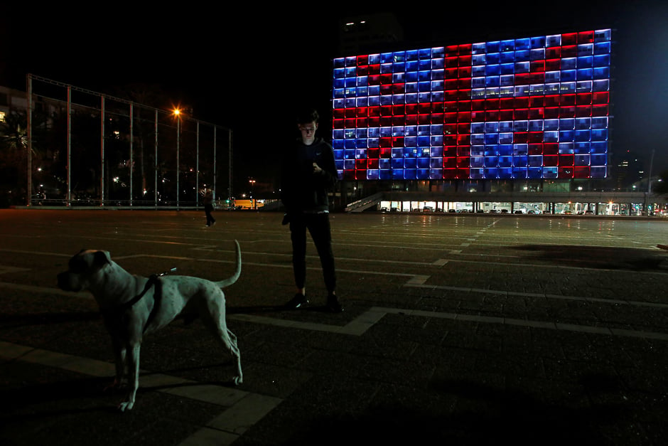 The building of the city hall in Tel Aviv's Rabin square in Israel is illuminated in solidarity with Britain for the attack. PHOTO: REUTERS