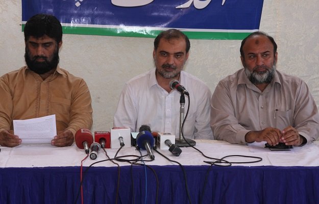 ji karachi chief addressing a press conference photo express mohammad saqib