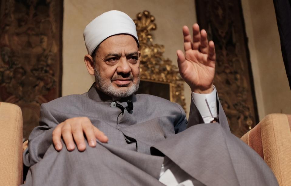 egyptian grand imam of al azhar sheikh ahmed el tayeb gives an interview to agence france presse on june 9 2015 in florence photo afp