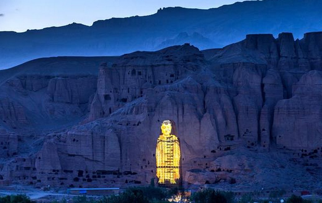 a view of the lit bamiyan statue in afghanistan photo courtesy xinhua