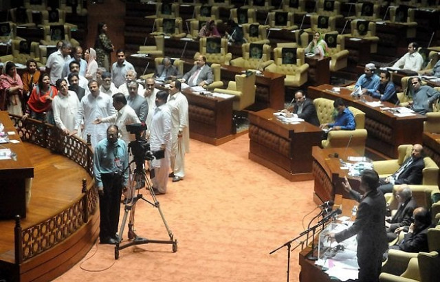 protests from opposition benches began soon after finance minister murad ali shah started his speech photo express protests from opposition benches began soon after finance minister murad ali shah started his speech photo express