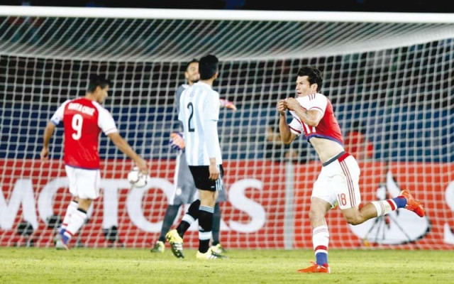 even though sergio aguero and lionel messi had given argentina a 2 0 lead at half time a long range strike from nelson valdez and a last minute goal by forward lucas barrios denied the world cup runners up the win photo afp even though sergio aguero and lionel messi had given argentina a 2 0 lead at half time a long range strike from nelson valdez and a last minute goal by forward lucas barrios denied the world cup runners up the win photo afp