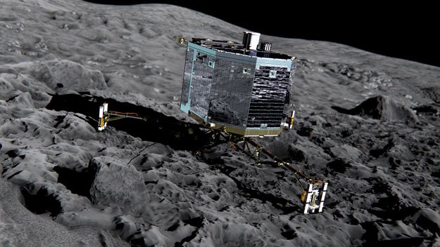 this file picture released by the european space agency on december 20 2013 of an artist 039 s impression of rosetta 039 s lander philae front view on the surface of comet 67p churyumov gerasimenko photo afp