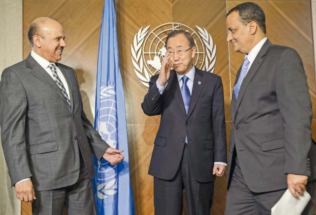 un chief ban ki moon gestures next to the gcc secretary general and un special envoy for yemen at the un offices in geneva photo afp un chief ban ki moon gestures next to the gcc secretary general and un special envoy for yemen at the un offices in geneva photo afp