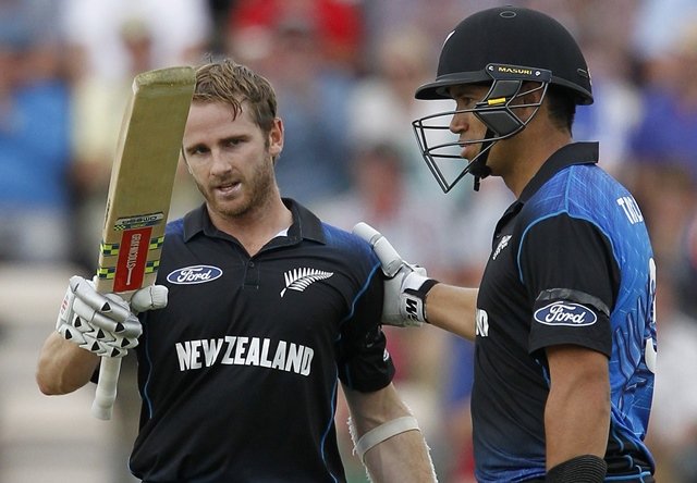 new zealand 039 s kane williamson l is congratulated by new zealand 039 s ross taylor after reaching his century not out during their partnership on the third one day international odi cricket match between england and new zealand at the ageas bowl cricket ground in southampton on june 14 2015 photo afp