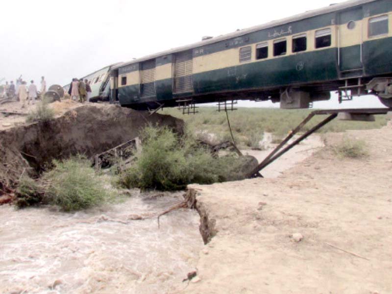 eight people were injured when six coaches of a quetta bound bolan mail derailed in shikarpur on tuesday the incident occurred due to a breach in the dadu canal that allowed water to flow alongside the railway track washing away its foundation photo online