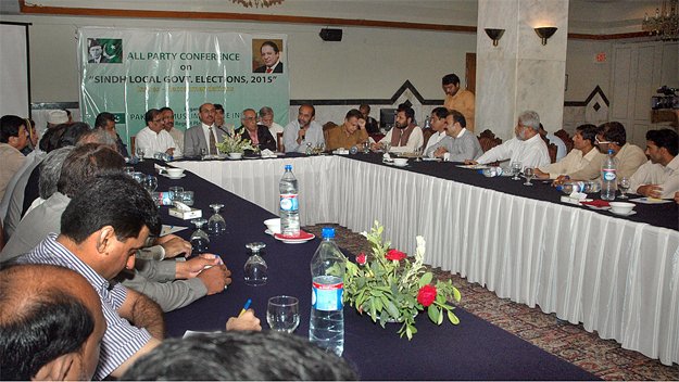 president pml n sindh chapter ismail raho chairing all parties conference apc on local government elections   2015 in sindh photo app