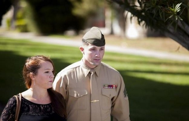 united states marine sergeant lawrence hutchins iii departs from his arraignment hearing with his wife reyna hutchins at camp pendelton california february 13 2014 reuters