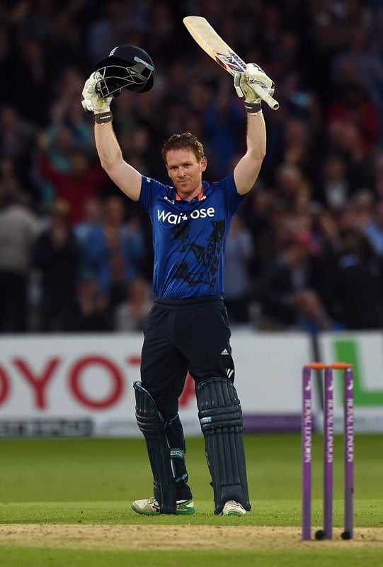 england 039 s eoin morgan celebrates his century during the fourth one day international odi cricket match between england and new zealand at trent bridge cricket ground in nottingham central england on june 17 2015 photo afp