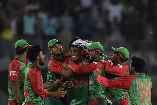 bangladesh cricketer mustafizur rahman c celebrates with teammates after the dismissal of the indian cricketer ravindra jadeja during the first one day international odi cricket match between bangladesh and india at the sher e bangla national cricket stadium in dhaka on june 18 2015 photo afp bangladesh cricketer mustafizur rahman c celebrates with teammates after the dismissal of the indian cricketer ravindra jadeja during the first one day international odi cricket match between bangladesh and india at the sher e bangla national cricket stadium in dhaka on june 18 2015 photo afp