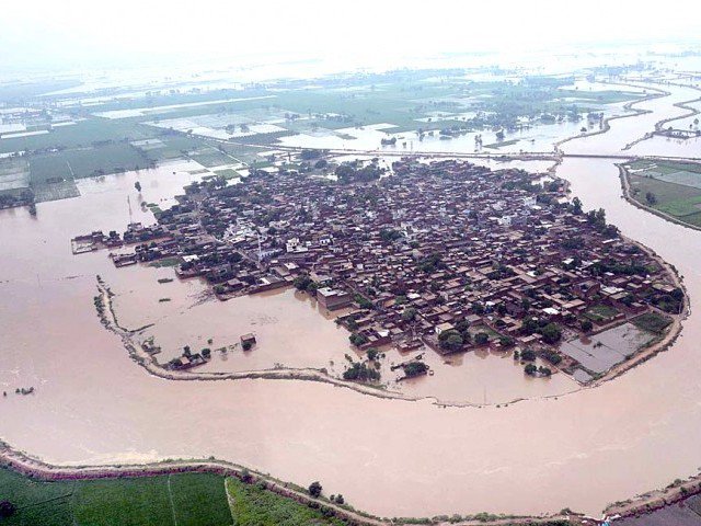 an aerial view of the flood hit area of boddomali in sialkot photo app