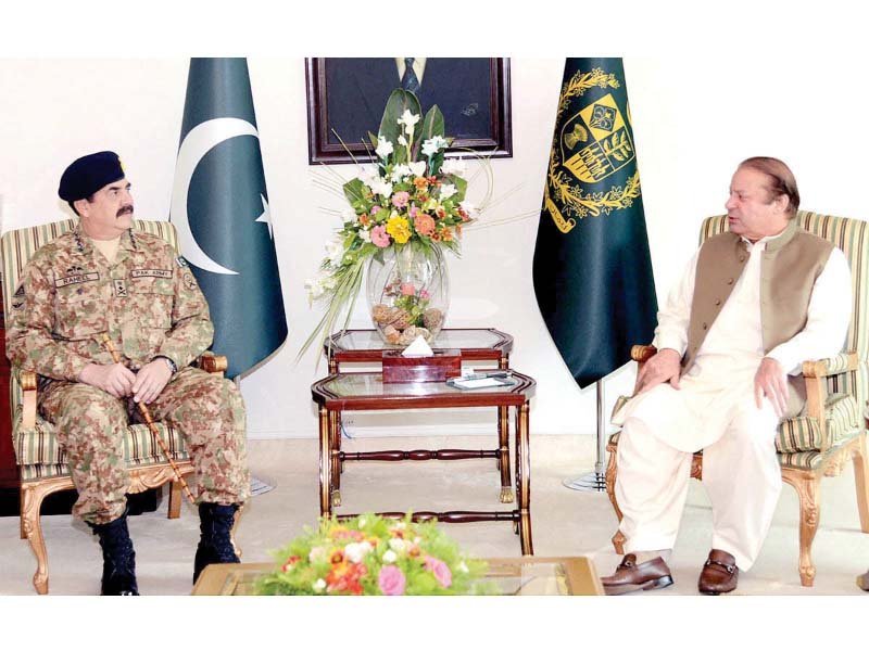 army chief general raheel sharif converses with premier nawaz at the prime minister house photo nni