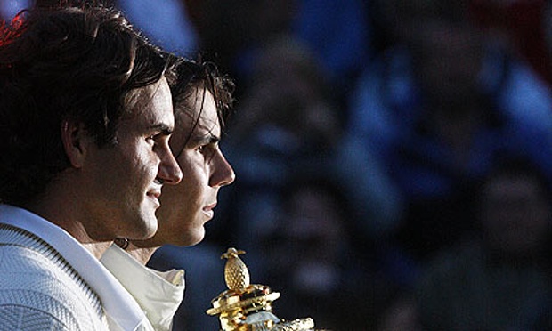 rafael nadal and roger federer after the 2008 wimbledon final photo afp