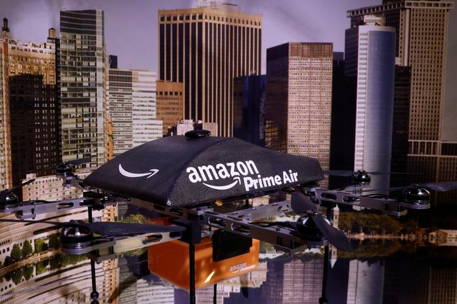 an amazon prime air flying drone is displayed during the drones is the sky the limit exhibition at the intrepid sea air space museum in new york city us may 9 2017 photo reuters