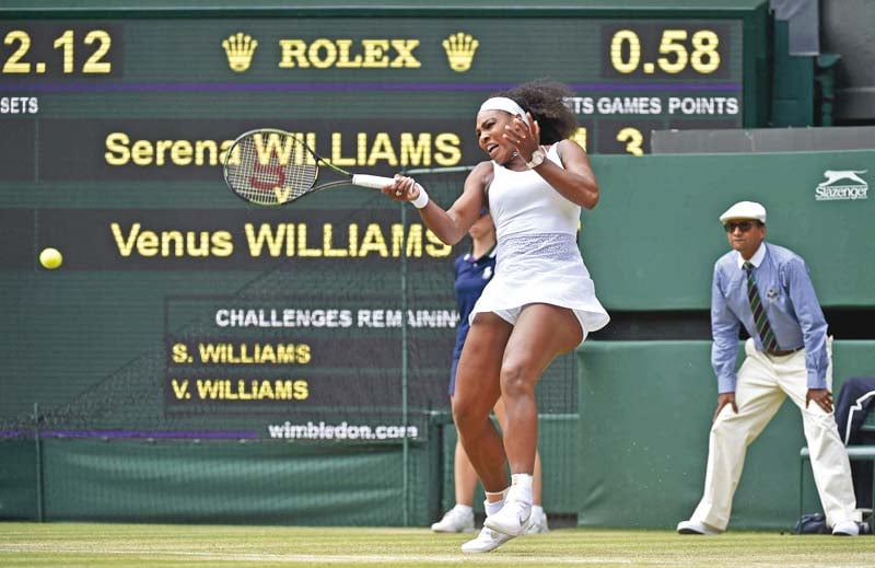 serena williams stands three wins away from hoisting her fourth successive grand slam title by trumping elder sister venus 6 4 6 3 to reach the quarter finals of wimbledon photo afp