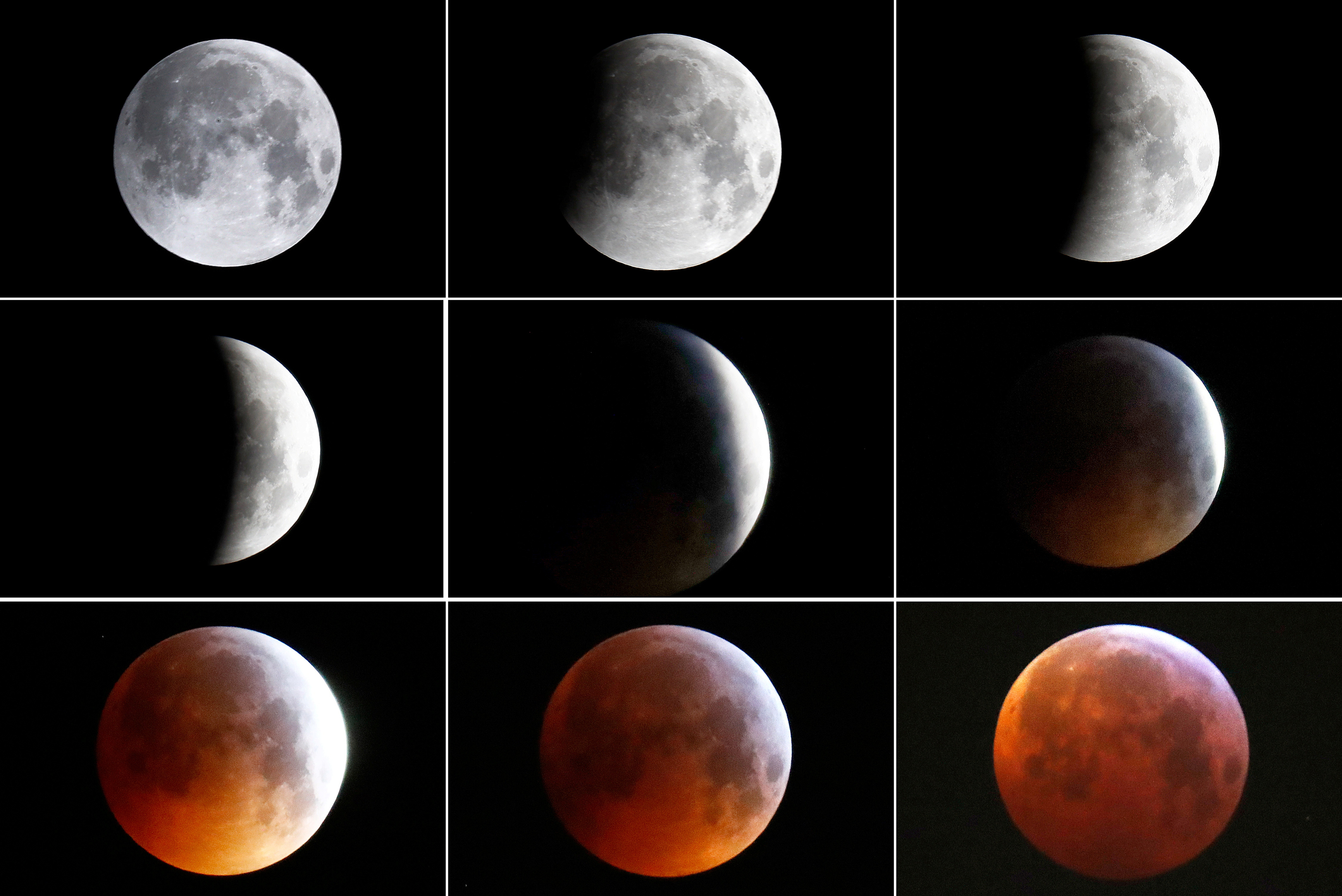 a combination of nine pictures shows the full moon turning into the super blood wolf moon during a total lunar eclipse in frankfurt germany january 21 2019 photo reuters