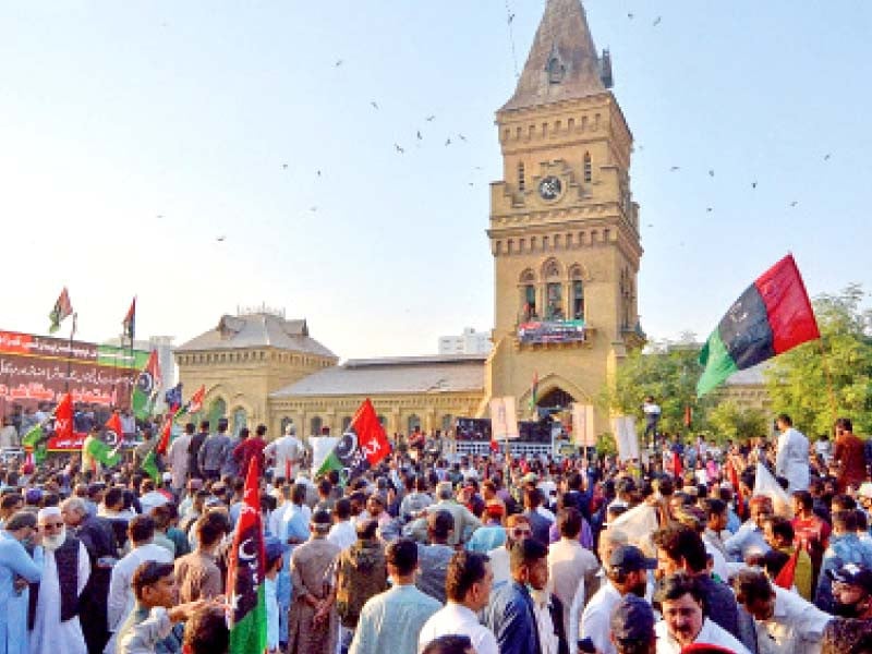 pakistan peoples party supporters stage a protest against inflation and price hike outside the empress market in the saddar area of karachi photo jalal qureshi express