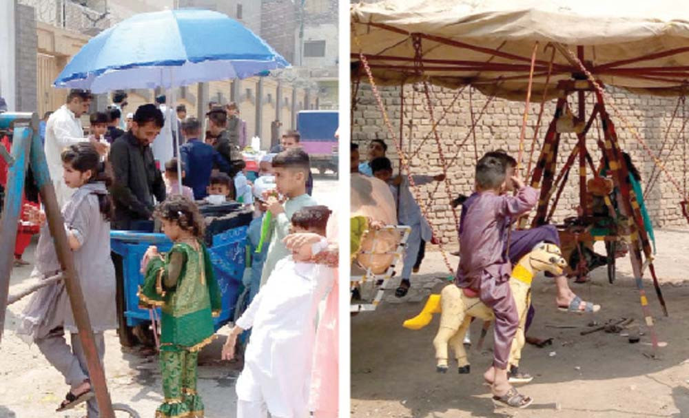 (Clockwise) Kids purchase ice cream from a road side seller in Peshawar. Children enjoy a merry-go-round ride on the eve of Eid. PHOTOS: PPI/APP