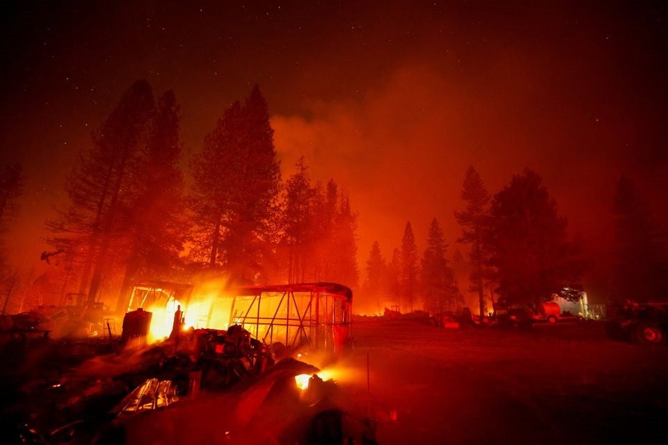 Foresthill، کیلیفورنیا، US، 13 ستمبر 2022 میں مچھروں کی آگ میں ڈھانچے جل رہے ہیں۔ REUTERS/Fred Greaves