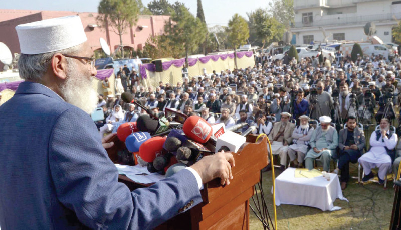 jamaat e islami amir sirajul haq addresses supporters during a party meeting in peshawar photo ppi