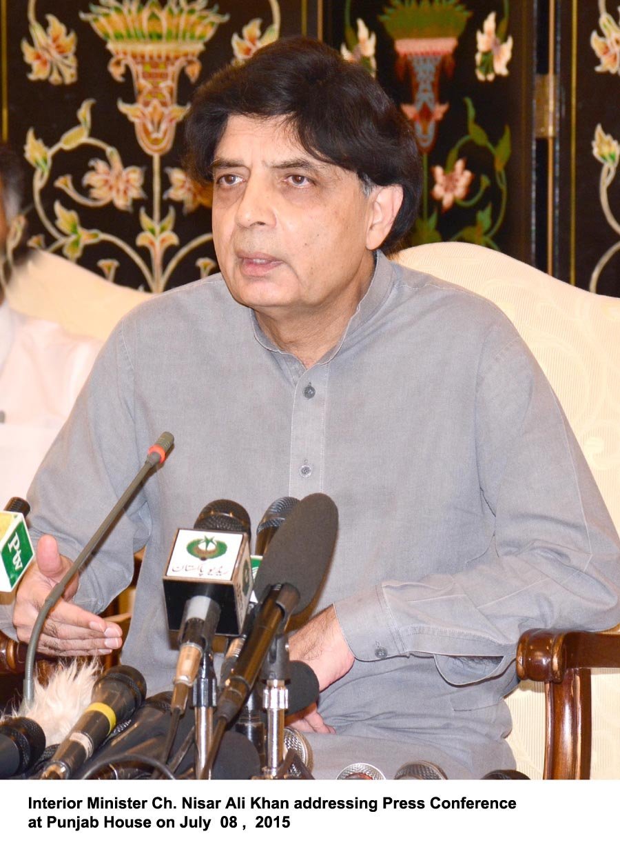 interior minister chaudhry nisar addresses a press conference at punjab house in islamabad on july 8 2015 photo pid