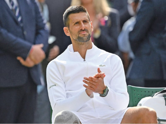 novak djokovic reacts as he plays against carlos alcaraz in sunday s wimbledon final photo afp novak djokovic reacts as he plays against carlos alcaraz in sunday s wimbledon final photo afp