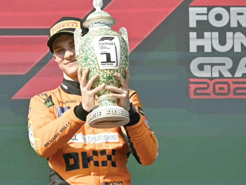 winner team mclaren mercedes oscar piastri celebrates on the podium with the trophy after the hungarian grand prix win in budapest photo afp winner team mclaren mercedes oscar piastri celebrates on the podium with the trophy after the hungarian grand prix win in budapest photo afp