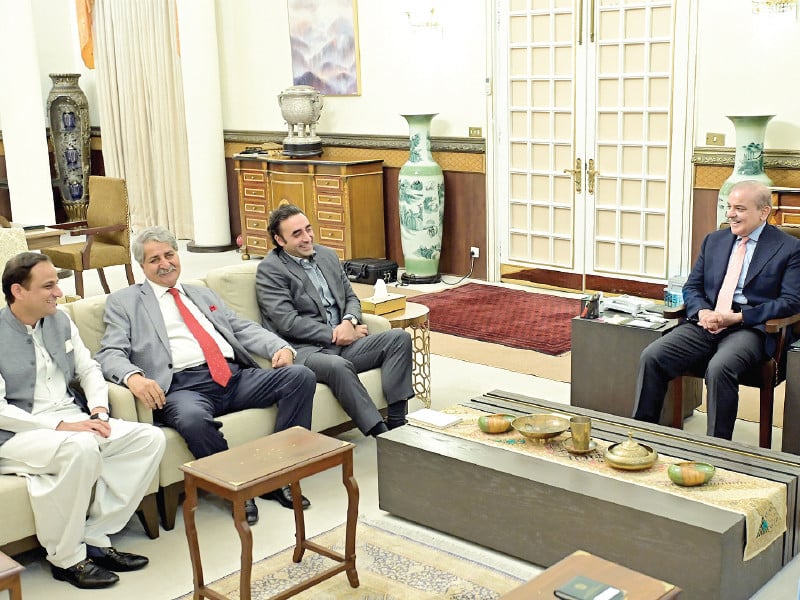 ppp chairman bilawal bhutto zardari and other party leaders meet prime minister shehbaz sharif photo nni