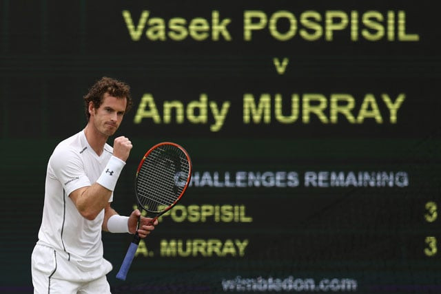 britain 039 s andy murray celebrates winning a point against canada 039 s vasek pospisil during their men 039 s quarter final match on day nine of the 2015 wimbledon championships at the all england tennis club in wimbledon southwest london on july 8 2015 photo afp britain 039 s andy murray celebrates winning a point against canada 039 s vasek pospisil during their men 039 s quarter final match on day nine of the 2015 wimbledon championships at the all england tennis club in wimbledon southwest london on july 8 2015 photo afp