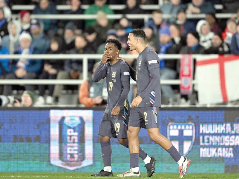 trent alexander arnold r scored and angel gomes l got an assist as england beat finland 3 1 photo afp trent alexander arnold r scored and angel gomes l got an assist as england beat finland 3 1 photo afp