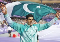 gold medallist arshad nadeem of pakistan celebrates after the paris 2024 olympics men s javelin throw final photo reuters