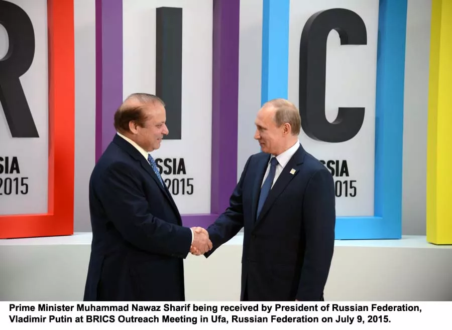prime minister nawaz sharif is received by russian president vladimir putin at brics outreach meeting in ufa russian federation on july 9 2015 photo pid prime minister nawaz sharif is received by russian president vladimir putin at brics outreach meeting in ufa russian federation on july 9 2015 photo pid
