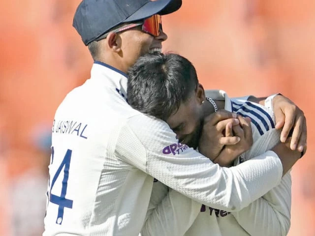 india s manav suthar r celebrates with yashasvi jaiswal photo afp india s manav suthar r celebrates with yashasvi jaiswal photo afp