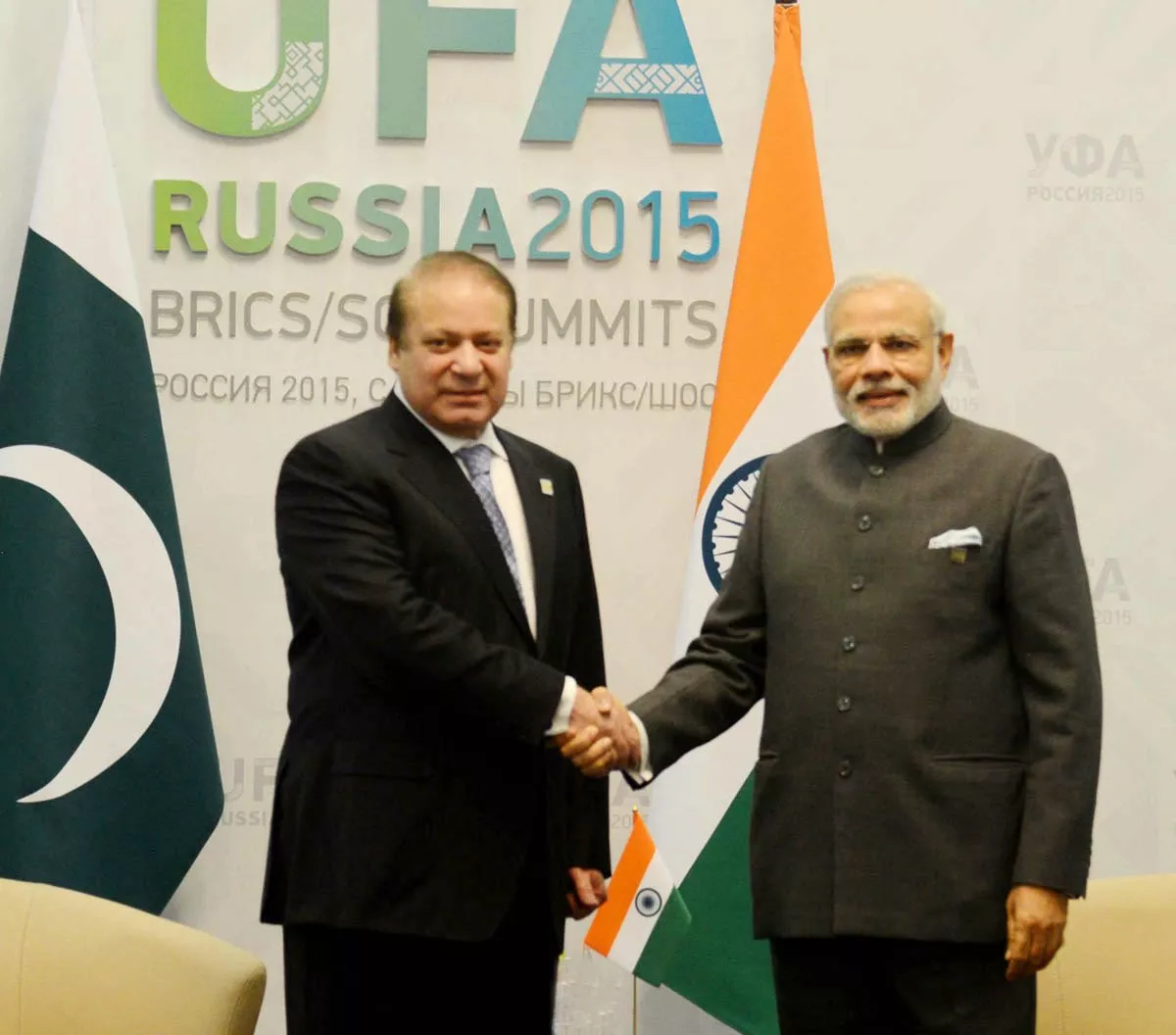 prime minister nawaz sharif shakes hands with his indian counterpart narendra modi on the sidelines of sco brics summit in ufa russia on july 10 2015 photo pid prime minister nawaz sharif shakes hands with his indian counterpart narendra modi on the sidelines of sco brics summit in ufa russia on july 10 2015 photo pid