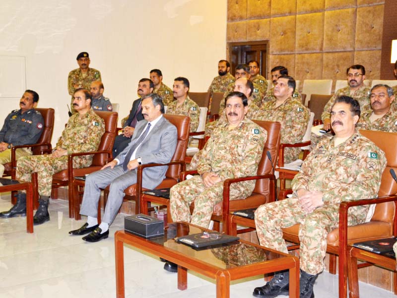 general raheel sharif is being briefed on overall security and law and order situation of balochistan during his visit to the headquarters southern command quetta on friday photo app