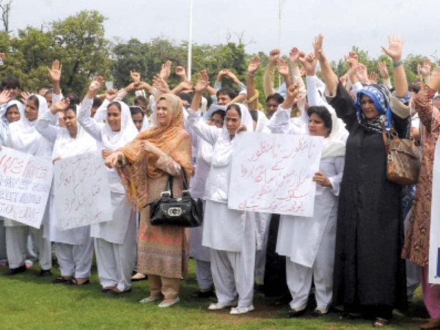 nurses raise slogans at the protest photo waseem nazir express