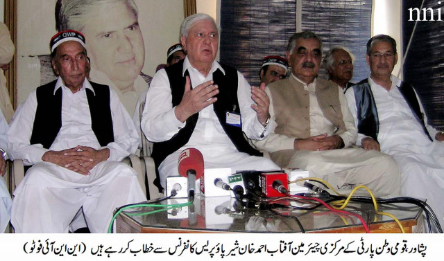 qwp chief aftab ahmed khan sherpao addressing a press conference after his party polls last year photo nni
