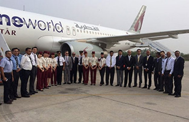 pictured on arrival following qatar airways inaugural fight to faisalabad in pakistan is the airline s vice president for the indian sub continent ihab sorial seventh from right together with flight crew staff and senior airport officials photo qatar airways pictured on arrival following qatar airways inaugural fight to faisalabad in pakistan is the airline s vice president for the indian sub continent ihab sorial seventh from right together with flight crew staff and senior airport officials photo qatar airways