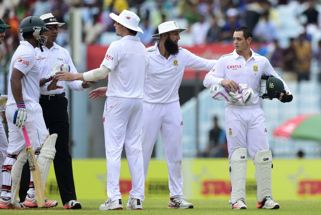bangladesh cricketer tamim iqbal l and south africa cricketer quinton de kock r interact during the second day of the first cricket test match between bangladesh and south africa at the zahur ahmed chowdhury stadium in chittagong on july 22 2015 photo afp bangladesh cricketer tamim iqbal l and south africa cricketer quinton de kock r interact during the second day of the first cricket test match between bangladesh and south africa at the zahur ahmed chowdhury stadium in chittagong on july 22 2015 photo afp