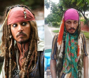 spotted captain jack sparrow pulling rickshaw in india