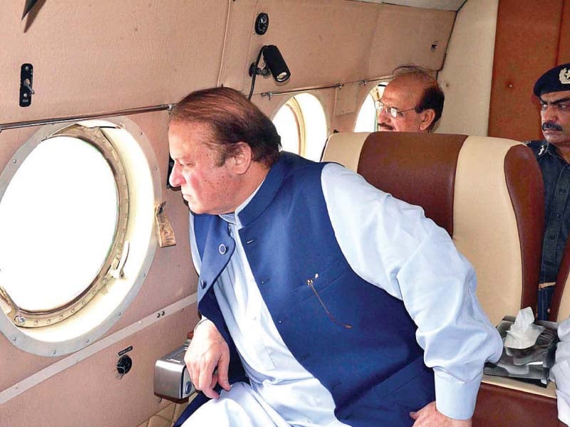 prime minister nawaz takes an aerial view of the flood affected areas in rahim yar khan on friday photo app