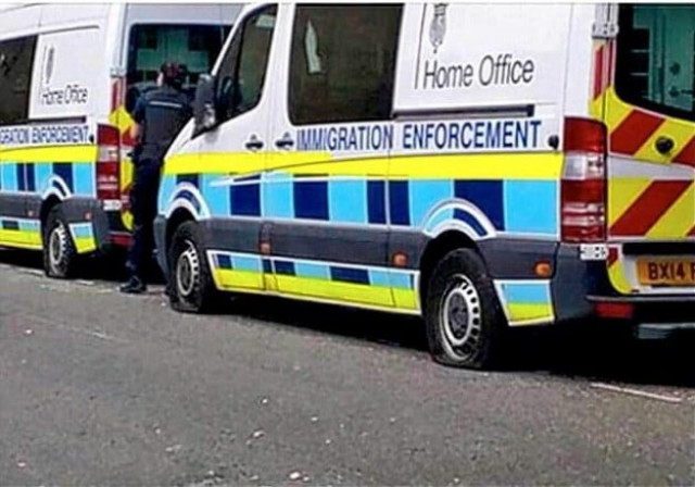 photo shows vandalised immigration raid vans with slashed tyres photo facebook photo shows vandalised immigration raid vans with slashed tyres photo facebook