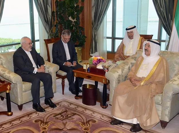 emir of kuwait sheikh sabah al ahmad al jaber al sabah r receiving iran 039 s foreign minister mohammad javad zarif l in kuwait city upon his arrival for a gulf tour photo afp