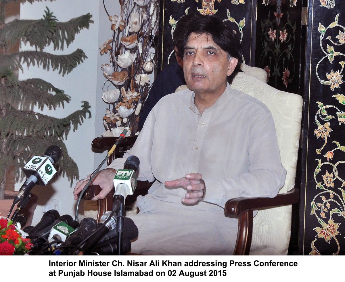 interior minister chaudhry nisar addresses a press conference at punjab house in islamabad on august 2 2015 photo pid