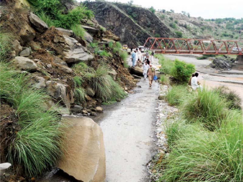 the main road in shakardara kohat has been closed for the last four days due to landsliding after recent rains photo online