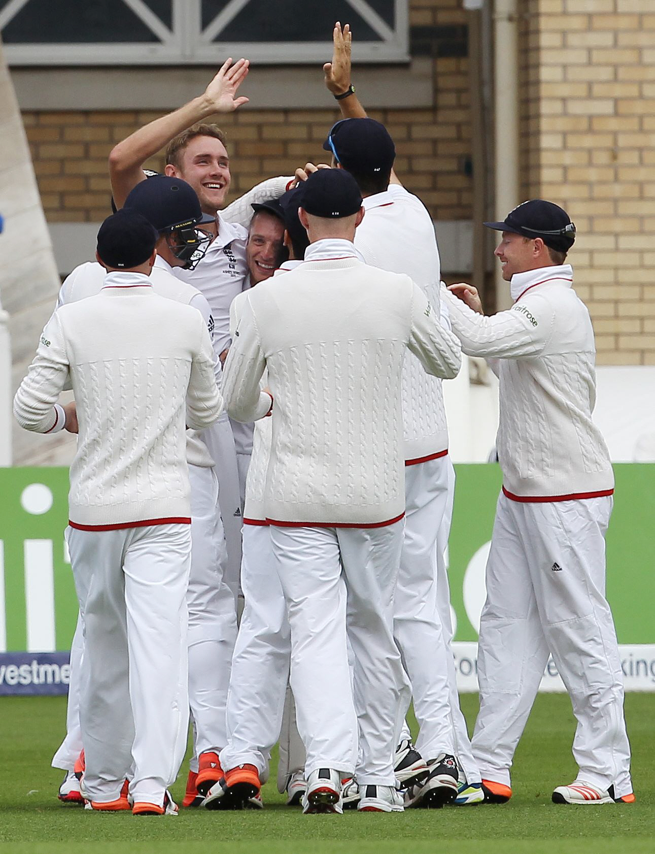 england bowler stuart broad 2l celebrates taking the wicket of australia captain michael clarke on the first day of the fourth ashes cricket test match between england and australia at trent bridge in nottingham england on august 6 2015 photo afp