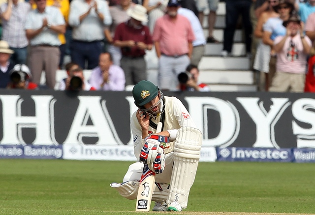 australia 039 s nathan lyon reacts after losing his wicket to england 039 s mark wood photo afp