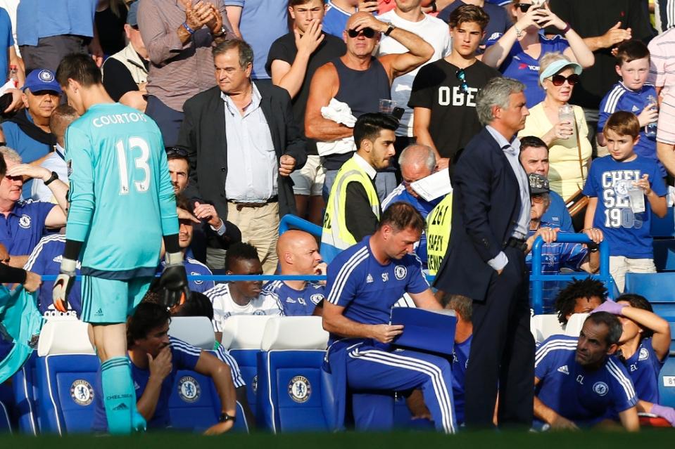 chelsea 039 s goalkeeper thibaut courtois l leaves the pitch past manager jose mourinho r after being sent off during an english premier league football match against swansea city photo afp