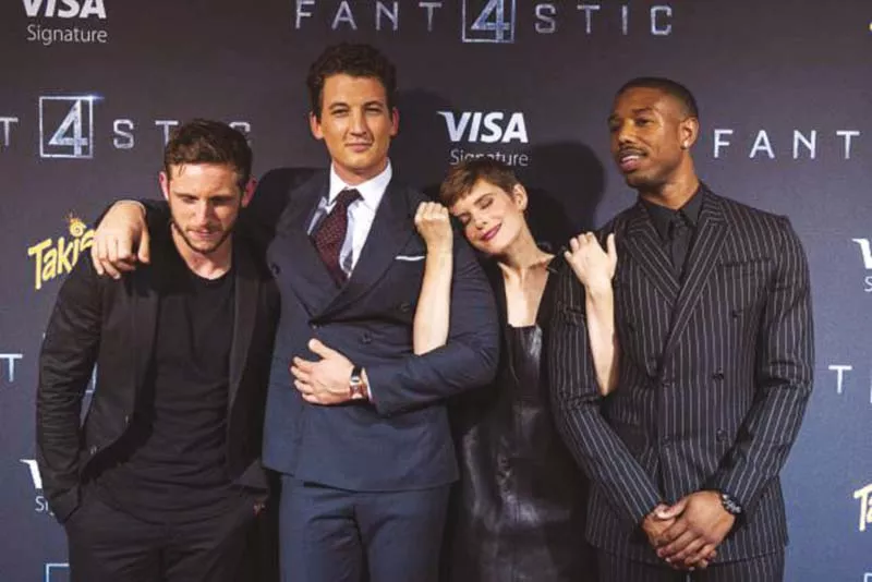 l r jamie bell miles teller kate mara and michael b jordan pose at the premiere of fantastic four photo file l r jamie bell miles teller kate mara and michael b jordan pose at the premiere of fantastic four photo file