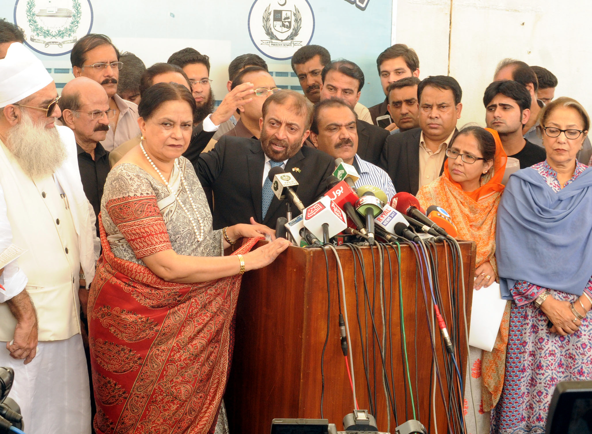 farooq sattar along with other mqm mnas speak outside the national assembly in islamabad on august 12 2015 photo waseem nazir express